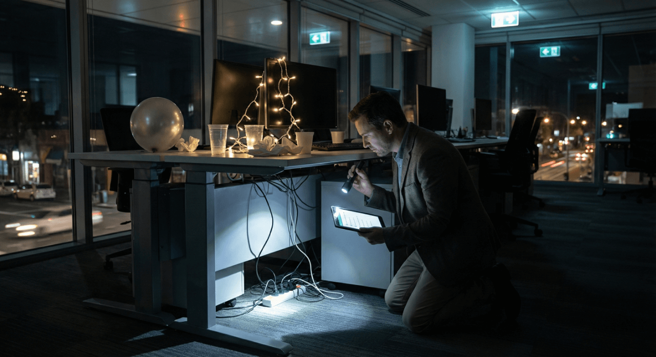 Dôkladná kontrola priestorov pred zamknutím firmy je kľúčová Kontrola pracoviska po oslave